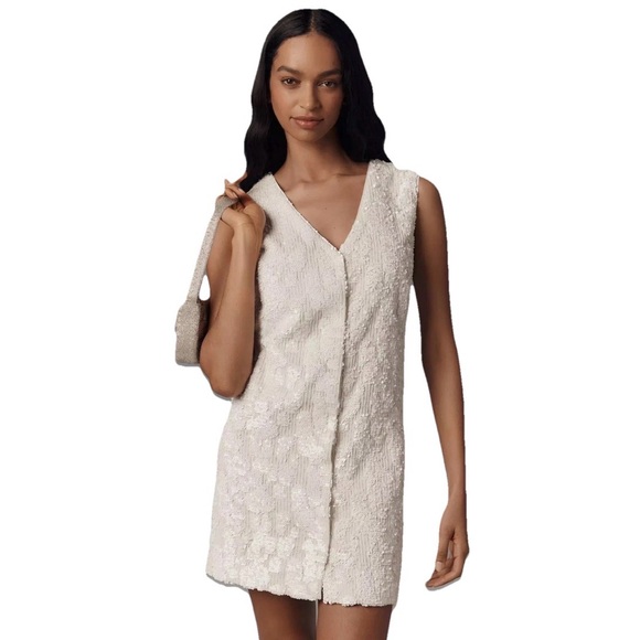 Anthropologie Sunday in Brooklyn White Sequin Vest Dress Medium SnapClose Formal